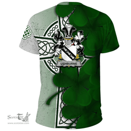 ScotsTee Shop Irish Ushburne Coat of Arms Irish Family Crest T Shirt Irish Shamrock Celtic Cross T Shirt