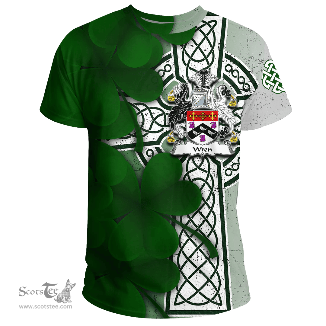 ScotsTee Shop Irish Wren or Wrenn Coat of Arms Irish Family Crest T Shirt Irish Shamrock Celtic Cross T Shirt