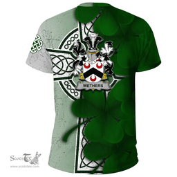 ScotsTee Shop Irish Wethers Coat of Arms Irish Family Crest T Shirt Irish Shamrock Celtic Cross T Shirt