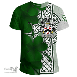 ScotsTee Shop Irish Wethers Coat of Arms Irish Family Crest T Shirt Irish Shamrock Celtic Cross T Shirt