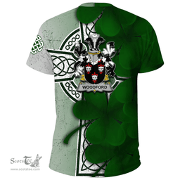 ScotsTee Shop Irish Woodford Coat of Arms Irish Family Crest T Shirt Irish Shamrock Celtic Cross T Shirt