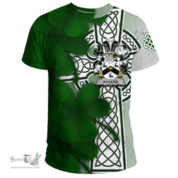 ScotsTee Shop Irish Rogers Coat of Arms Irish Family Crest T Shirt Irish Shamrock Celtic Cross T Shirt