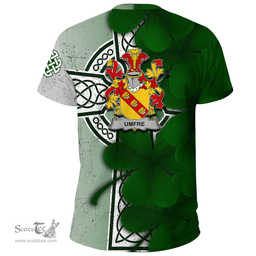 ScotsTee Shop Irish Umfre Coat of Arms Irish Family Crest T Shirt Irish Shamrock Celtic Cross T Shirt