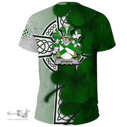 ScotsTee Shop Irish Stokes Coat of Arms Irish Family Crest T Shirt Irish Shamrock Celtic Cross T Shirt