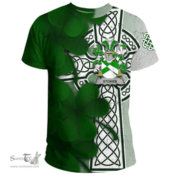 ScotsTee Shop Irish Stokes Coat of Arms Irish Family Crest T Shirt Irish Shamrock Celtic Cross T Shirt