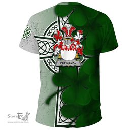 ScotsTee Shop Irish Perceval Coat of Arms Irish Family Crest T Shirt Irish Shamrock Celtic Cross T Shirt