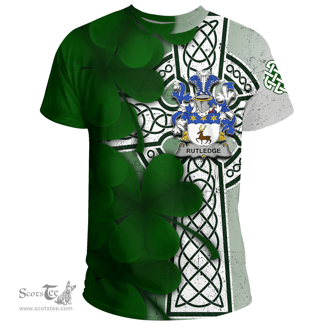 ScotsTee Shop Irish Rutledge Coat of Arms Irish Family Crest T Shirt Irish Shamrock Celtic Cross T Shirt