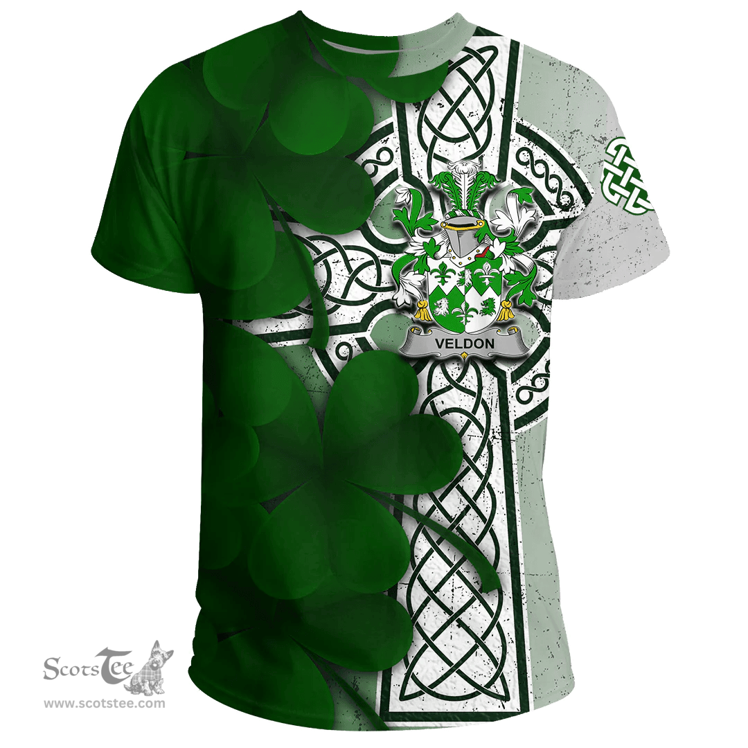 ScotsTee Shop Irish Veldon Coat of Arms Irish Family Crest T Shirt Irish Shamrock Celtic Cross T Shirt