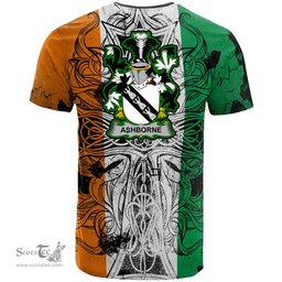ScotsTee Shop Irish Ashborne Coat of Arms Irish Family Crest T Shirt Celtic Ireland Green, White and Orange T Shirt