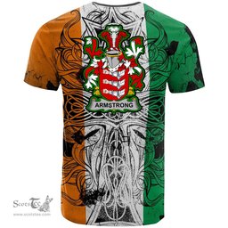ScotsTee Shop Irish Armstrong Coat of Arms Irish Family Crest T Shirt Celtic Ireland Green, White and Orange T Shirt