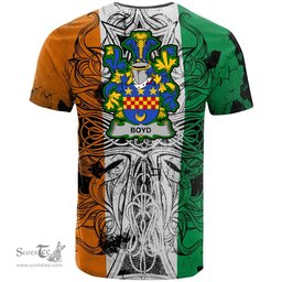 ScotsTee Shop Irish Boyd of Danson Coat of Arms Irish Family Crest T Shirt Celtic Ireland Green, White and Orange T Shirt