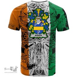 ScotsTee Shop Irish Baker Coat of Arms Irish Family Crest T Shirt Celtic Ireland Green, White and Orange T Shirt
