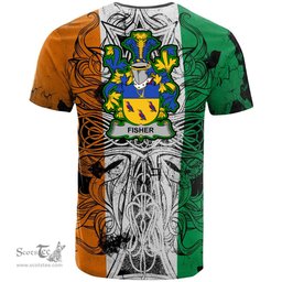 ScotsTee Shop Irish Fisher Coat of Arms Irish Family Crest T Shirt Celtic Ireland Green, White and Orange T Shirt