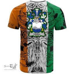 ScotsTee Shop Irish Cahill or O Cahill Coat of Arms Irish Family Crest T Shirt Celtic Ireland Green, White and Orange T Shirt