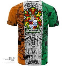 ScotsTee Shop Irish Chichester Coat of Arms Irish Family Crest T Shirt Celtic Ireland Green, White and Orange T Shirt