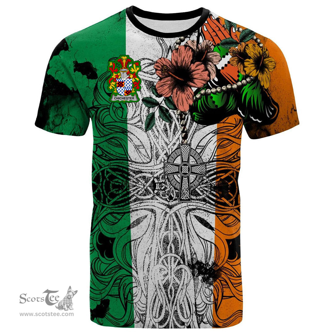 ScotsTee Shop Irish Chichester Coat of Arms Irish Family Crest T Shirt Celtic Ireland Green, White and Orange T Shirt