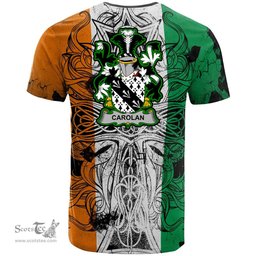 ScotsTee Shop Irish Carolan Coat of Arms Irish Family Crest T Shirt Celtic Ireland Green, White and Orange T Shirt