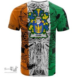 ScotsTee Shop Irish Dunn or O Dunn Coat of Arms Irish Family Crest T Shirt Celtic Ireland Green, White and Orange T Shirt