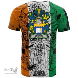 ScotsTee Shop Irish Conroy or O Mulconroy Coat of Arms Irish Family Crest T Shirt Celtic Ireland Green, White and Orange T Shirt