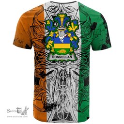 ScotsTee Shop Irish Connellan or O Connellan Coat of Arms Irish Family Crest T Shirt Celtic Ireland Green, White and Orange T Shirt