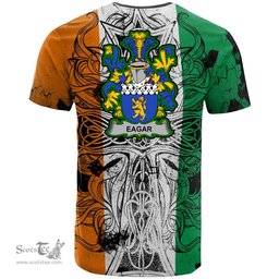 ScotsTee Shop Irish Eagar Coat of Arms Irish Family Crest T Shirt Celtic Ireland Green, White and Orange T Shirt