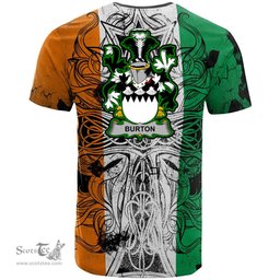 ScotsTee Shop Irish Burton Coat of Arms Irish Family Crest T Shirt Celtic Ireland Green, White and Orange T Shirt