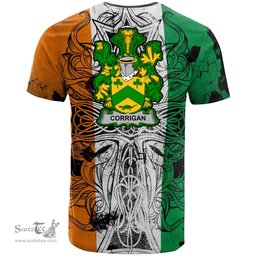 ScotsTee Shop Irish Corrigan or O Corrigan Coat of Arms Irish Family Crest T Shirt Celtic Ireland Green, White and Orange T Shirt