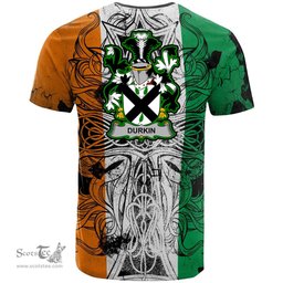 ScotsTee Shop Irish Durkin or O Durkin Coat of Arms Irish Family Crest T Shirt Celtic Ireland Green, White and Orange T Shirt