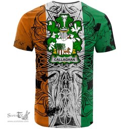 ScotsTee Shop Irish Callaghan or O Callaghan Coat of Arms Irish Family Crest T Shirt Celtic Ireland Green, White and Orange T Shirt