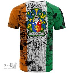 ScotsTee Shop Irish English Coat of Arms Irish Family Crest T Shirt Celtic Ireland Green, White and Orange T Shirt