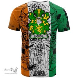 ScotsTee Shop Irish Farrell or O Ferrell Coat of Arms Irish Family Crest T Shirt Celtic Ireland Green, White and Orange T Shirt