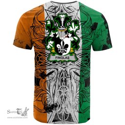 ScotsTee Shop Irish Finglas Coat of Arms Irish Family Crest T Shirt Celtic Ireland Green, White and Orange T Shirt