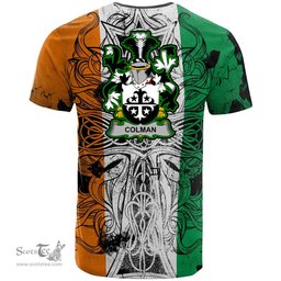 ScotsTee Shop Irish Colman or McColman Coat of Arms Irish Family Crest T Shirt Celtic Ireland Green, White and Orange T Shirt