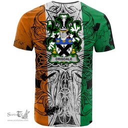 ScotsTee Shop Irish Drisdale Coat of Arms Irish Family Crest T Shirt Celtic Ireland Green, White and Orange T Shirt