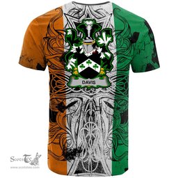 ScotsTee Shop Irish Davis Coat of Arms Irish Family Crest T Shirt Celtic Ireland Green, White and Orange T Shirt