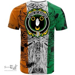 ScotsTee Shop Irish House of MANGAN Coat of Arms Irish Family Crest T Shirt Celtic Ireland Green, White and Orange T Shirt