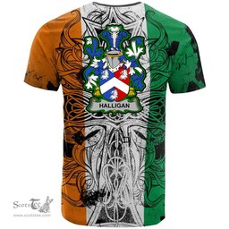ScotsTee Shop Irish Halligan or O Halligan Coat of Arms Irish Family Crest T Shirt Celtic Ireland Green, White and Orange T Shirt