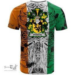 ScotsTee Shop Irish Francis Coat of Arms Irish Family Crest T Shirt Celtic Ireland Green, White and Orange T Shirt
