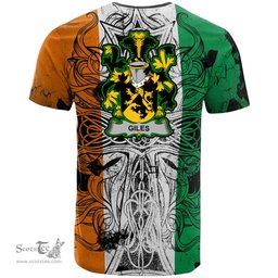 ScotsTee Shop Irish Giles or Gyles Coat of Arms Irish Family Crest T Shirt Celtic Ireland Green, White and Orange T Shirt