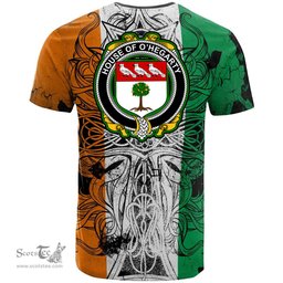 ScotsTee Shop Irish House of O HEGARTY Coat of Arms Irish Family Crest T Shirt Celtic Ireland Green, White and Orange T Shirt