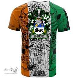 ScotsTee Shop Irish Gilchrist or McGilchrist Coat of Arms Irish Family Crest T Shirt Celtic Ireland Green, White and Orange T Shirt