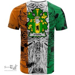 ScotsTee Shop Irish Hara or O Hara Coat of Arms Irish Family Crest T Shirt Celtic Ireland Green, White and Orange T Shirt