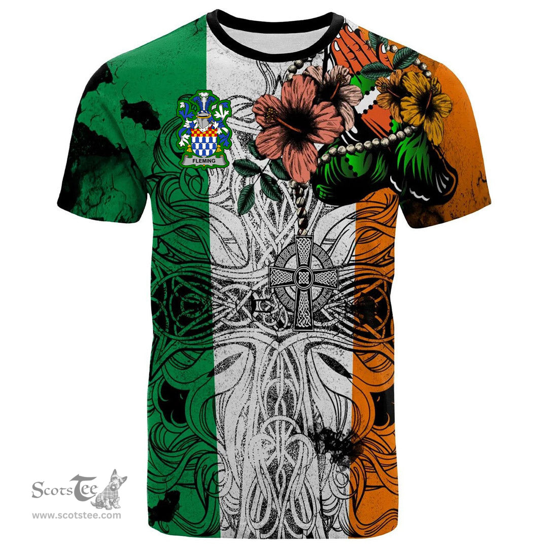 ScotsTee Shop Irish Fleming Coat of Arms Irish Family Crest T Shirt Celtic Ireland Green, White and Orange T Shirt
