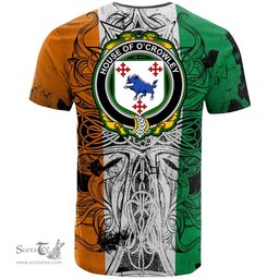 ScotsTee Shop Irish House of CROWLEY Coat of Arms Irish Family Crest T Shirt Celtic Ireland Green, White and Orange T Shirt