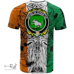 ScotsTee Shop Irish House of O HANLON Coat of Arms Irish Family Crest T Shirt Celtic Ireland Green, White and Orange T Shirt