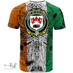 ScotsTee Shop Irish House of O FLAHERTY Coat of Arms Irish Family Crest T Shirt Celtic Ireland Green, White and Orange T Shirt