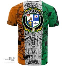 ScotsTee Shop Irish House of O HAGAN Coat of Arms Irish Family Crest T Shirt Celtic Ireland Green, White and Orange T Shirt