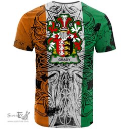 ScotsTee Shop Irish Grady or O Grady Coat of Arms Irish Family Crest T Shirt Celtic Ireland Green, White and Orange T Shirt