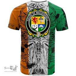 ScotsTee Shop Irish House of MACDONNELL of the Glens Coat of Arms Irish Family Crest T Shirt Celtic Ireland Green, White and Orange T Shirt