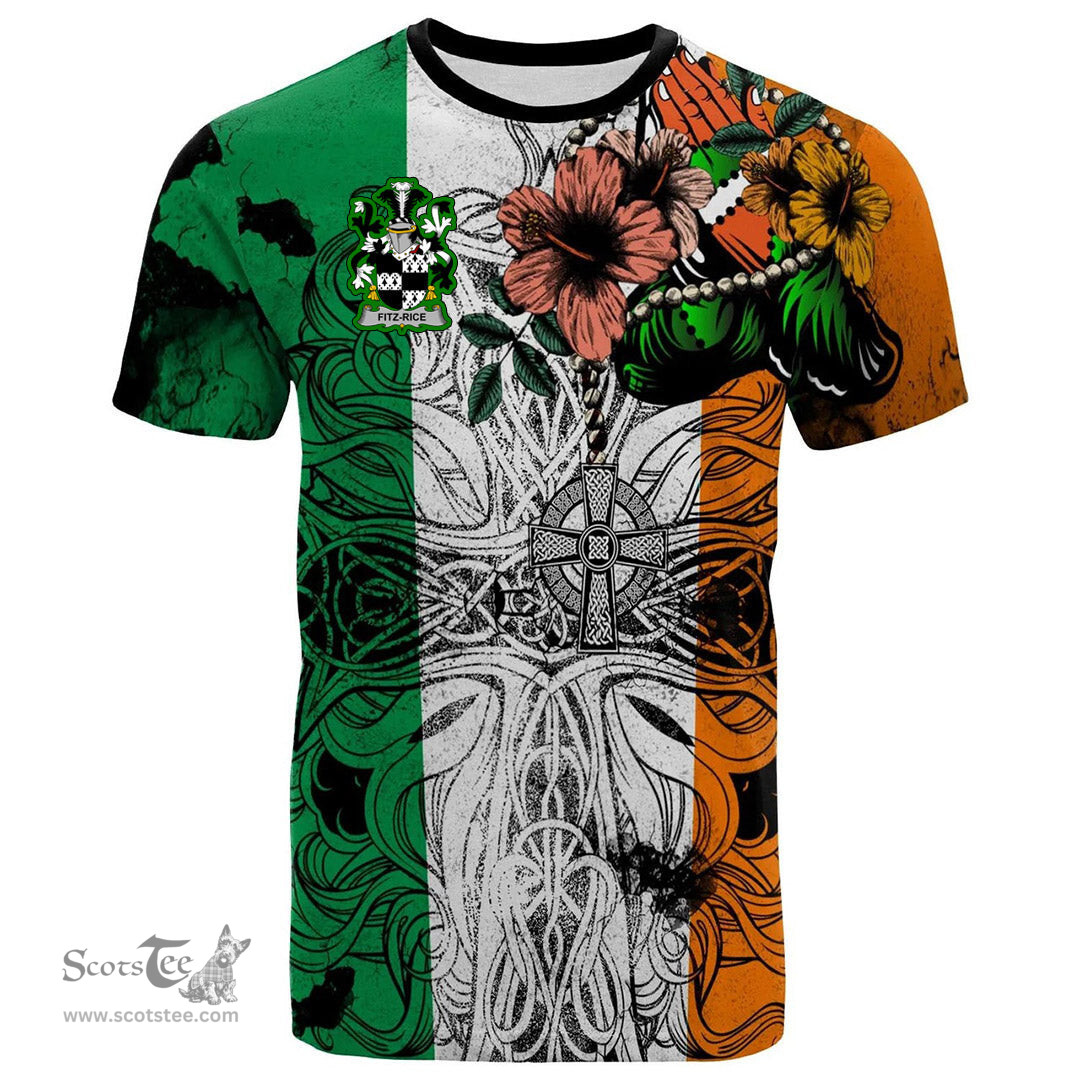 ScotsTee Shop Irish Fitz Rice Coat of Arms Irish Family Crest T Shirt Celtic Ireland Green, White and Orange T Shirt
